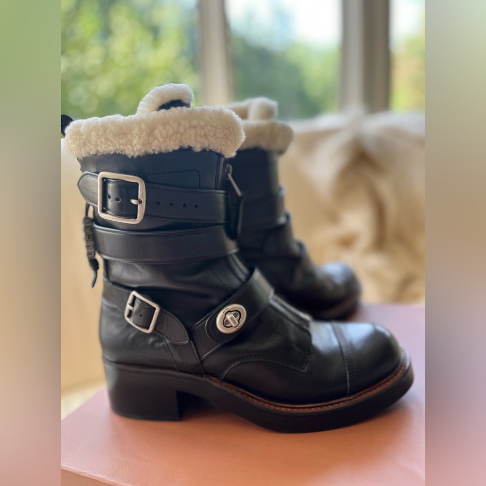 Coach Zip Moto Boots with Genuine Shearling Trim — Size 9.5